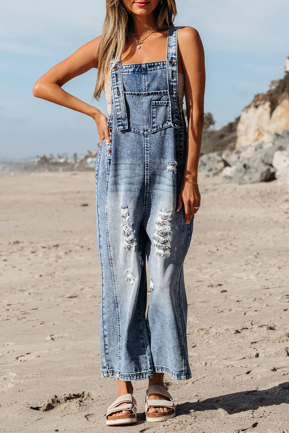 Distressed Pocketed Wide Leg Capri Denim Overall  LT DENIM