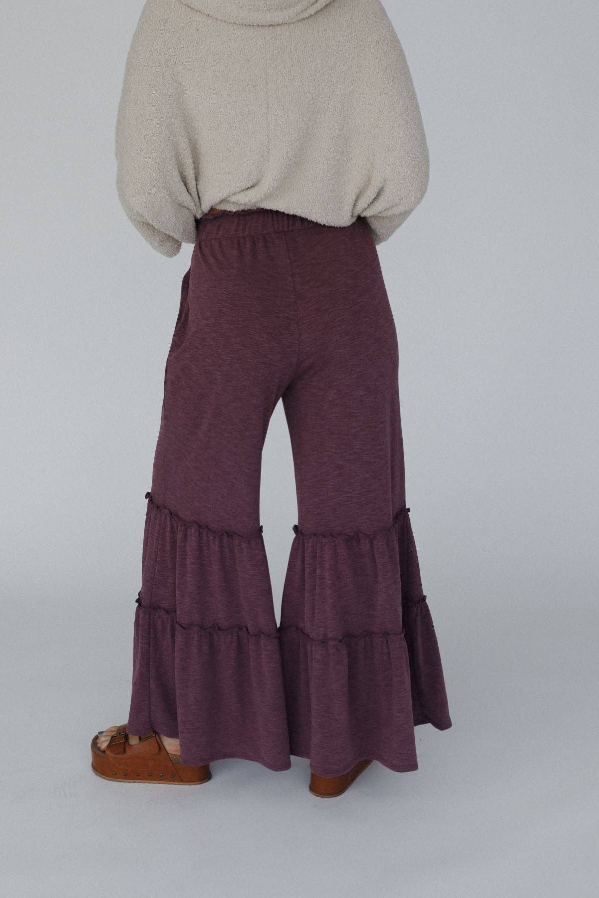 Three Bird Nest - Milla Ruffled Wide Leg Pants - Burgundy