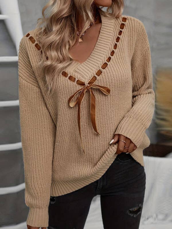 Rosa Clothing - V-Neck Ribbon Bow Lace-Up Knitted Sweater