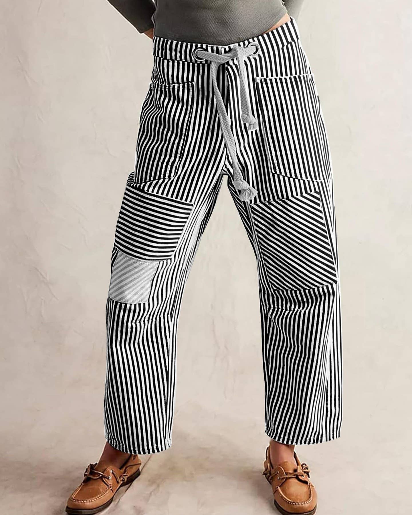 Mid-Rise Casual Striped Drawstring Wide-Leg Pants