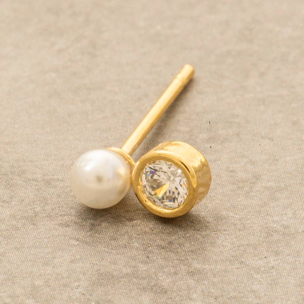 Gold Dipped Pearl And Cz Stud Earrings