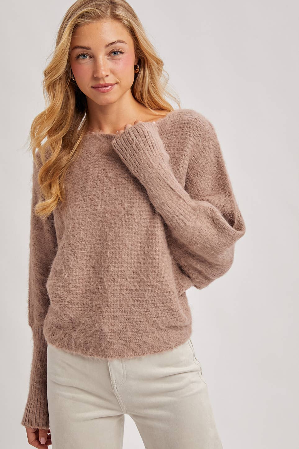 BOAT NECK BRUSHED FUZZY KNIT SWEATER