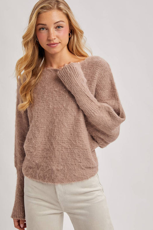 BOAT NECK BRUSHED FUZZY KNIT SWEATER