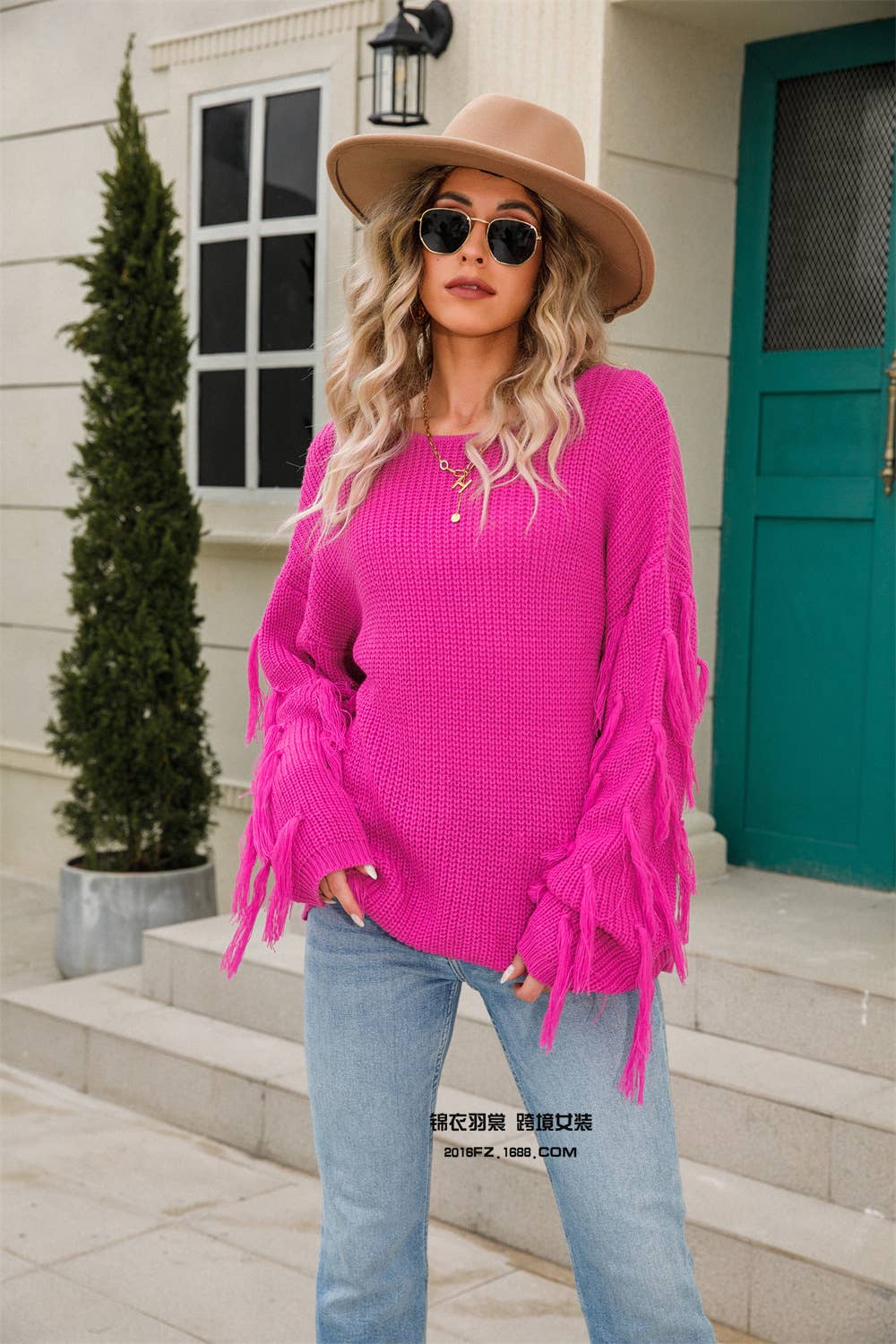 ROUND NECK SOLID COLOR COARSE KNIT FRINGE SWEATER