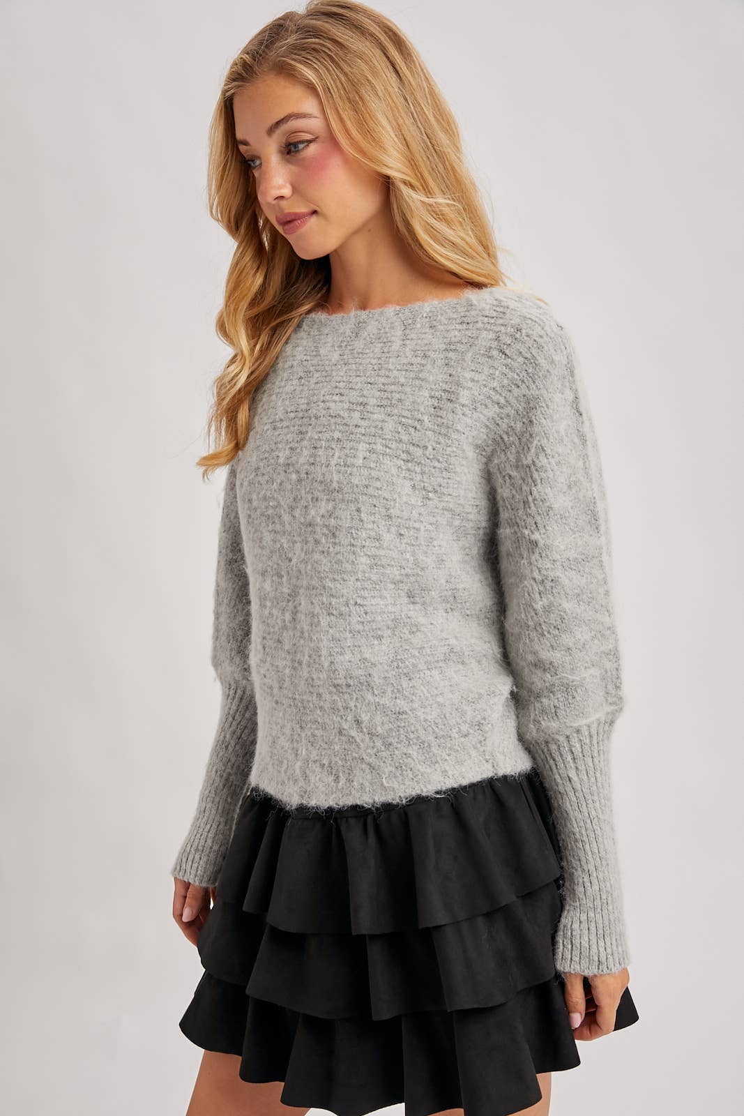 BOAT NECK BRUSHED FUZZY KNIT SWEATER