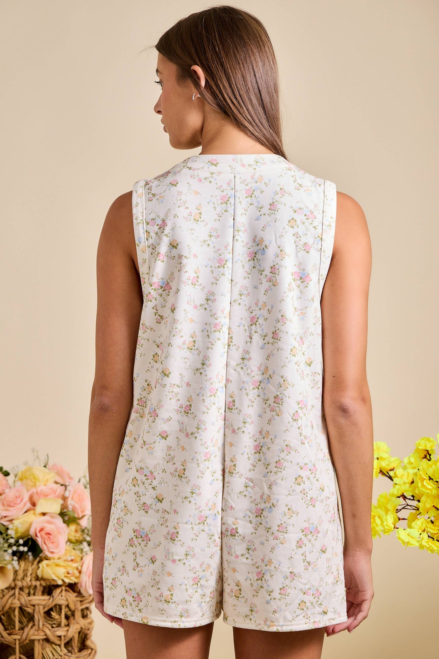 Ivory Floral Tie Front Sleeveless Romper