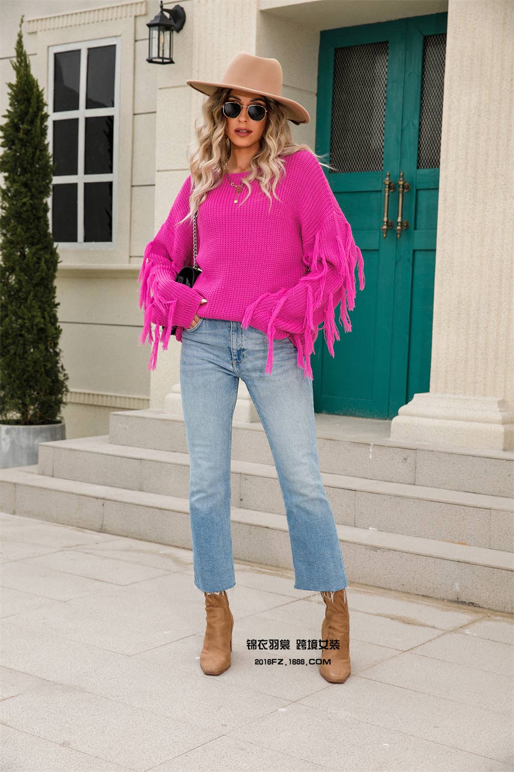 ROUND NECK SOLID COLOR COARSE KNIT FRINGE SWEATER