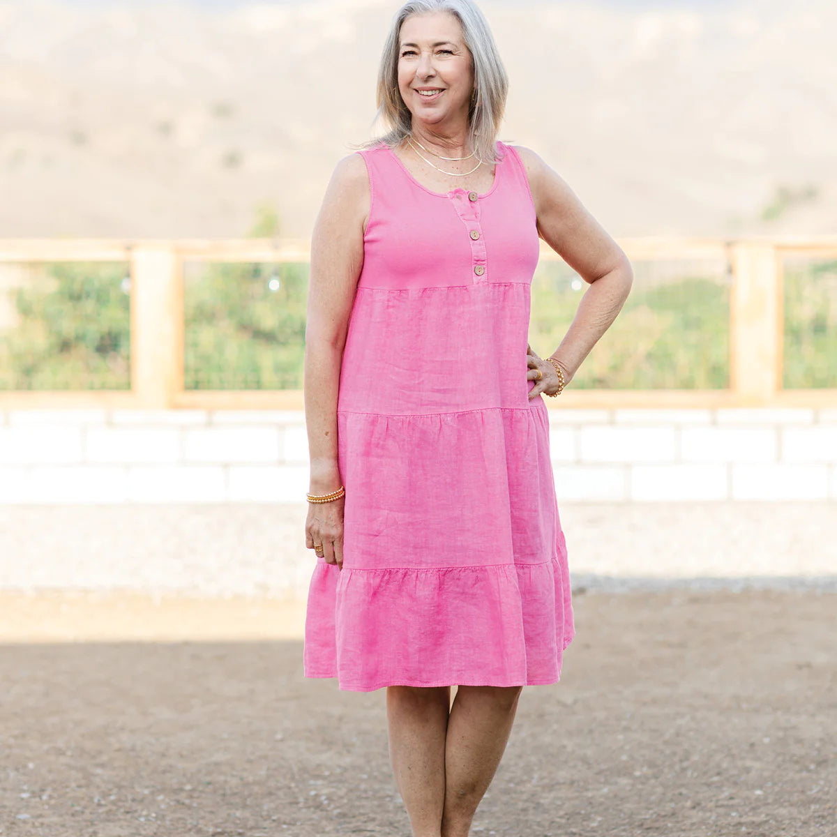 Tiered Linen Dress with Ribbed Top and Buttons