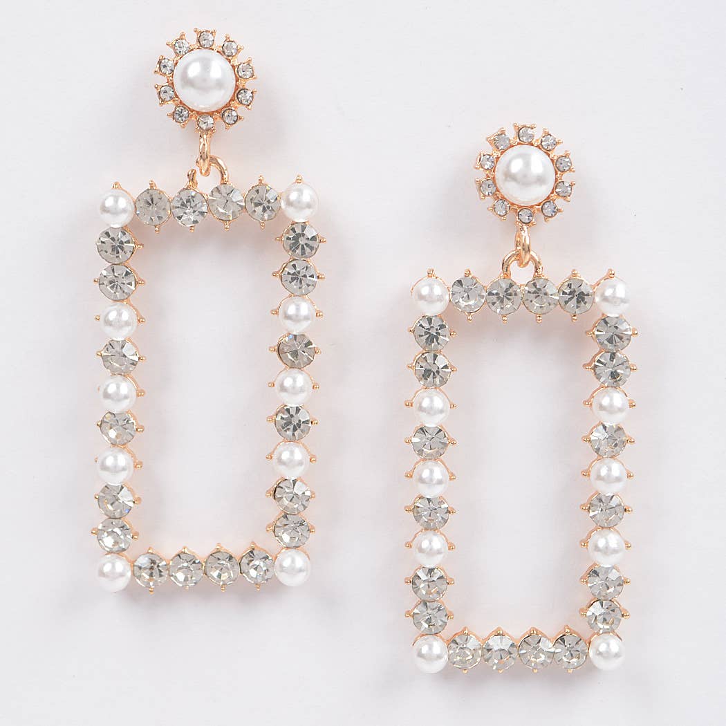 3AM BY H&D ACCESSORIES - Faux Pearl Rectangle Rhinestone Dangle Earrings