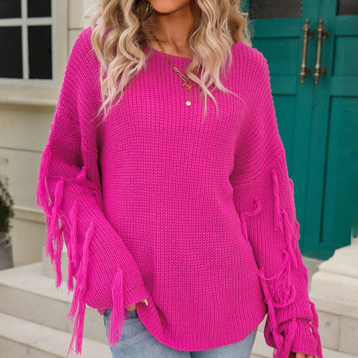 ROUND NECK SOLID COLOR COARSE KNIT FRINGE SWEATER