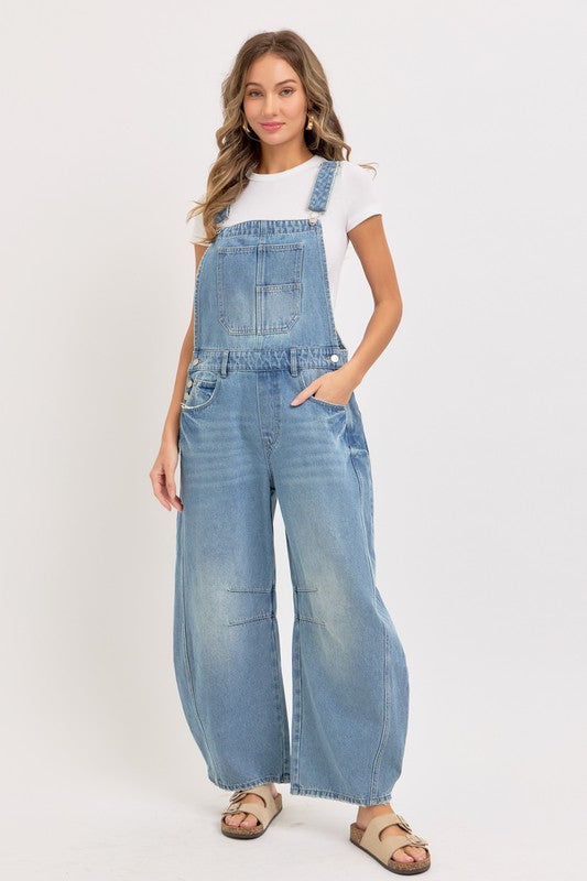Denim Overall Barrel-leg Jumpsuit