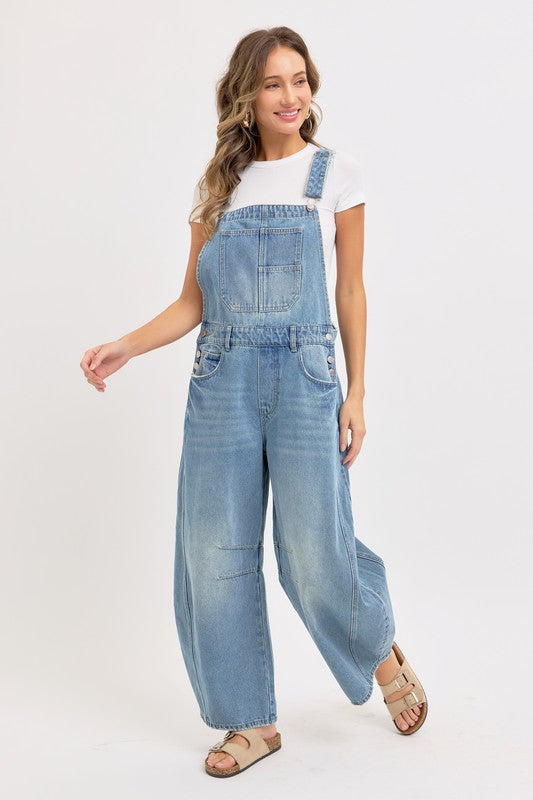 Denim Overall Barrel-leg Jumpsuit