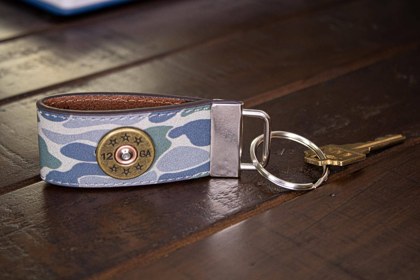 Shotshell Hunting Old School Camo Leather Loop Keychain.