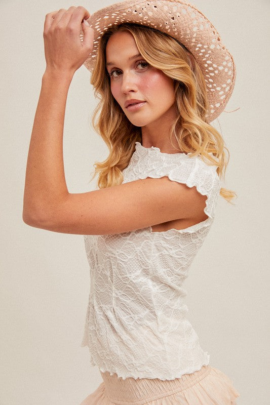 LACE LETTUCE EDGE BOAT NECK TOP