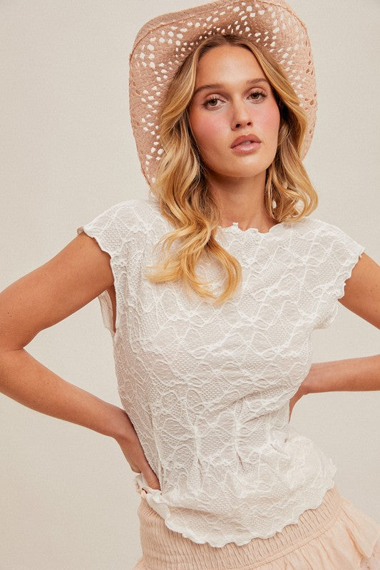LACE LETTUCE EDGE BOAT NECK TOP