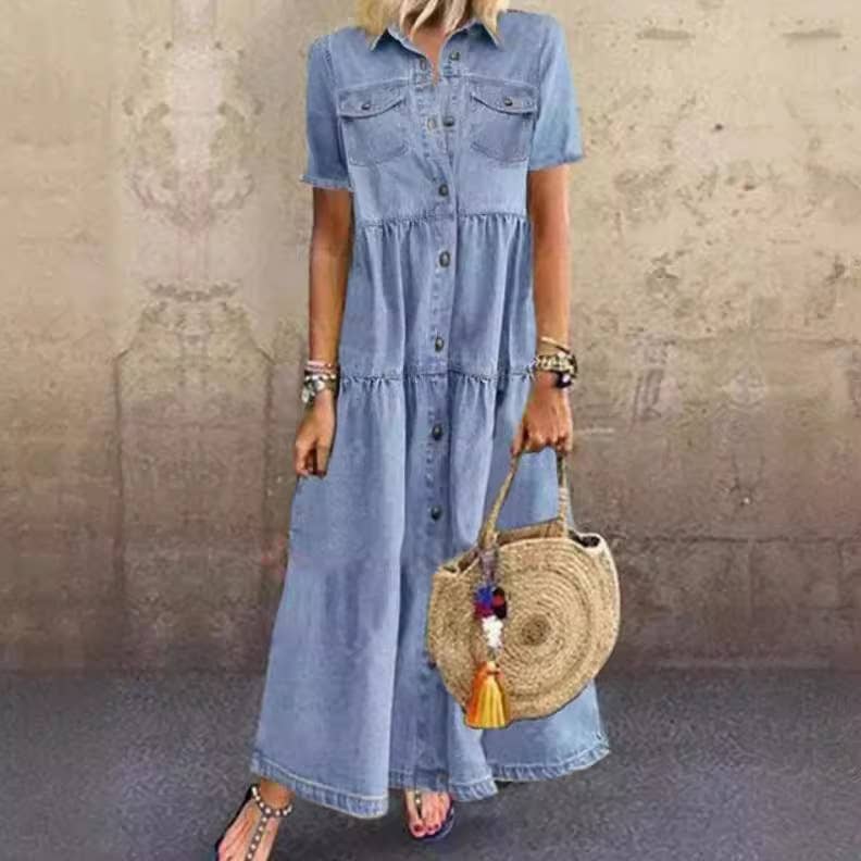 Long Denim Dress with Button Front