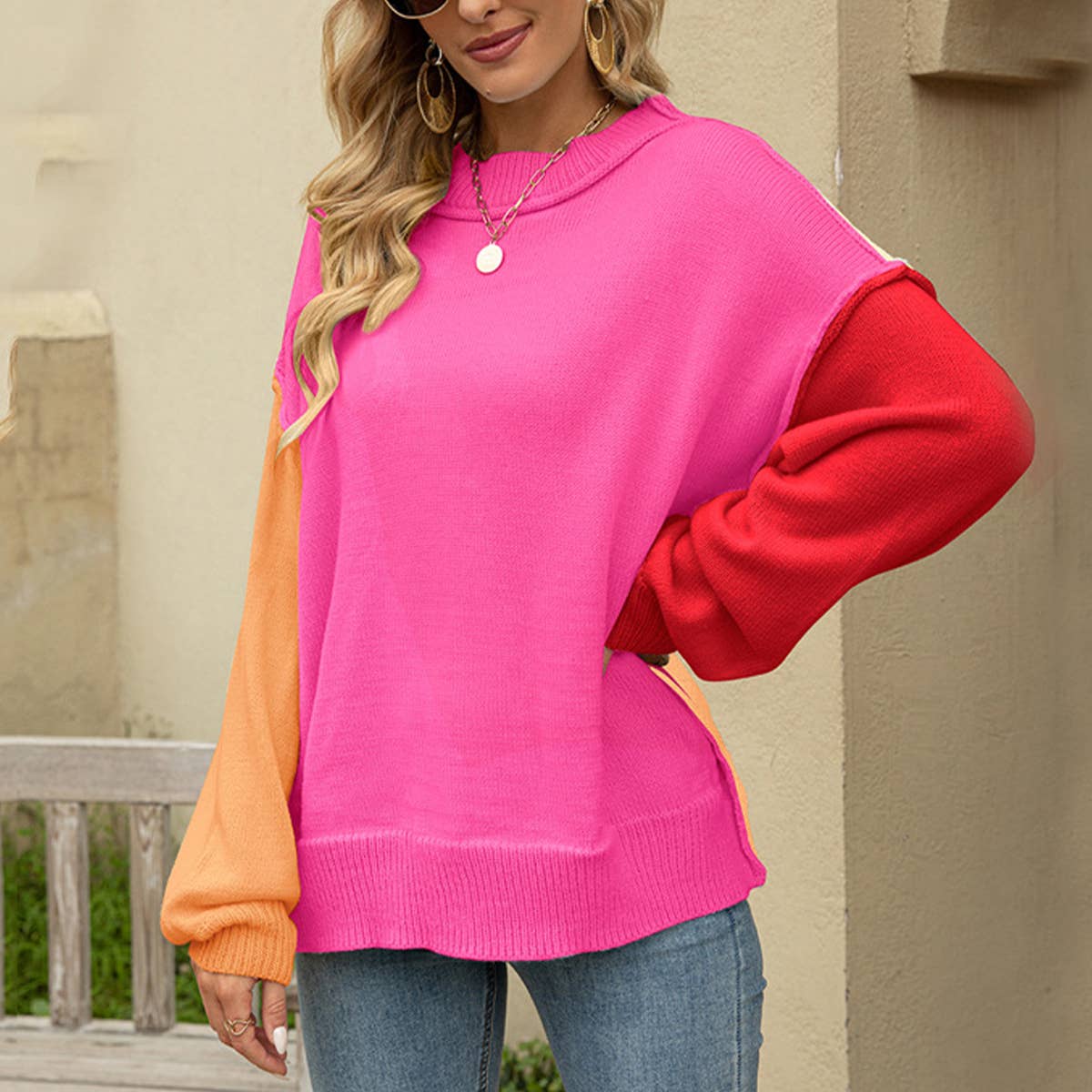 PATCHWORK FASHION KNIT CREW NECK PULLOVER