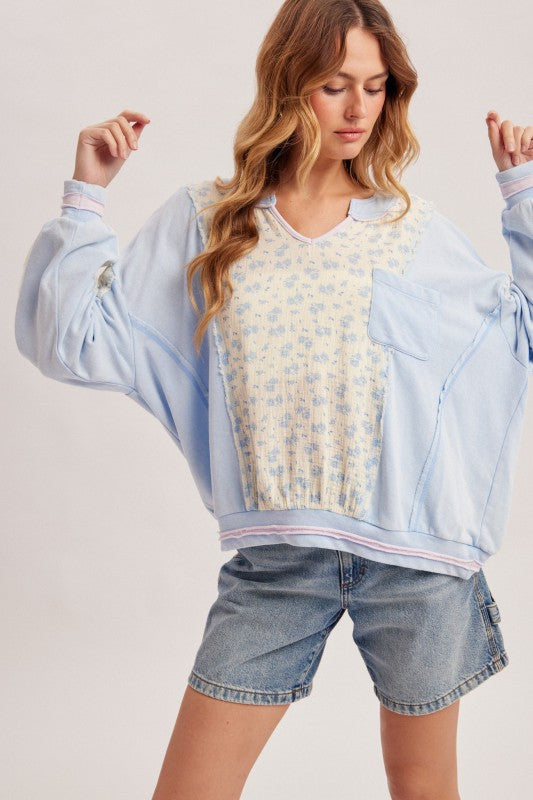 Blue Floral Block Dolman Sweatshirt