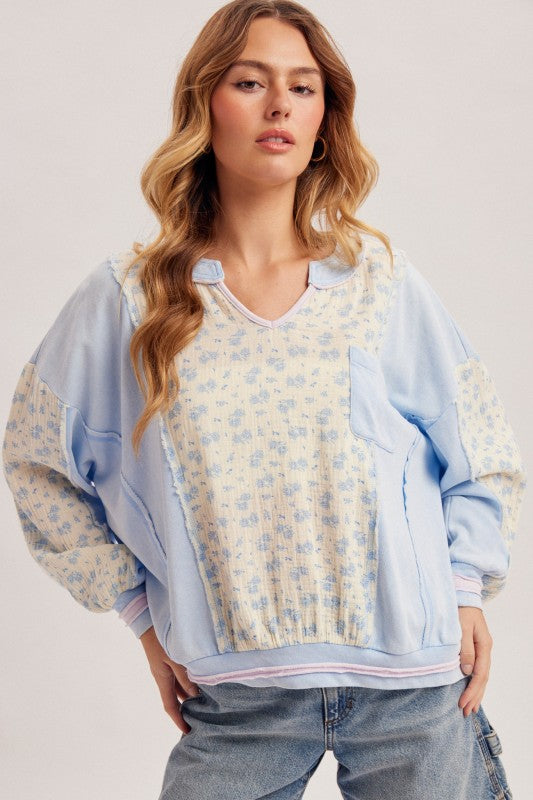 Blue Floral Block Dolman Sweatshirt