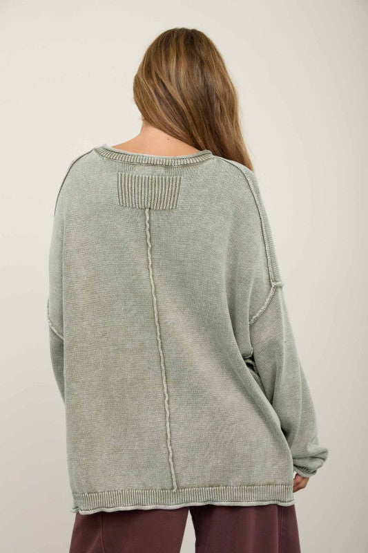 WASHED RAW EDGE SWEATER - OLIVE