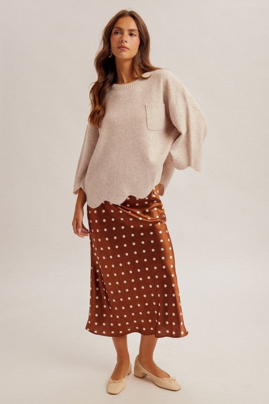 SCALLOPED EDGE KNIT SWEATER - OATMEAL