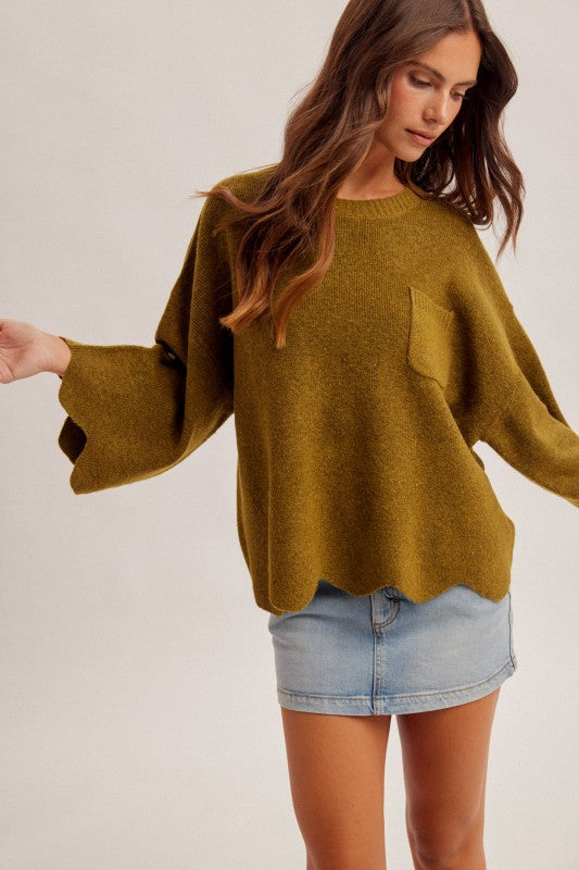 SCALLOPED EDGE KNIT SWEATER - OLIVE