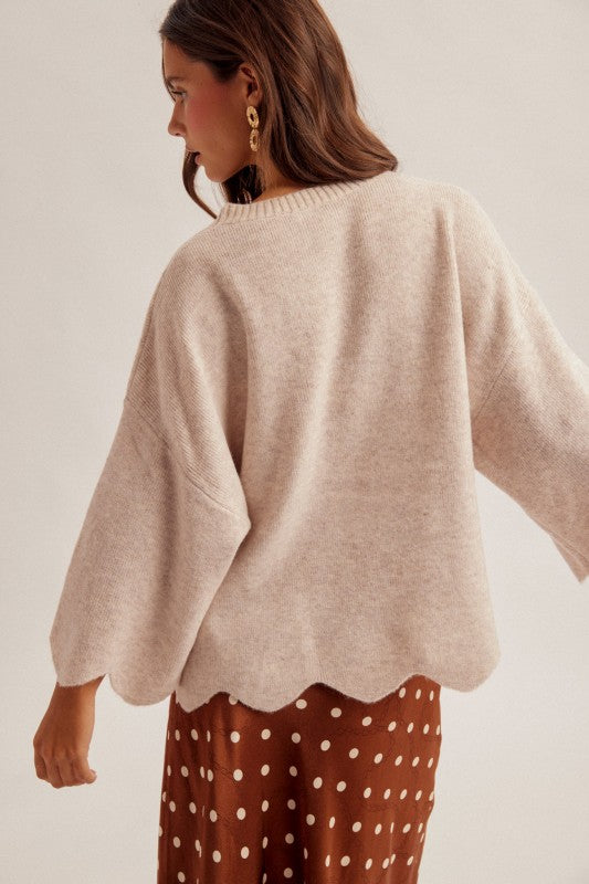 SCALLOPED EDGE KNIT SWEATER - OATMEAL