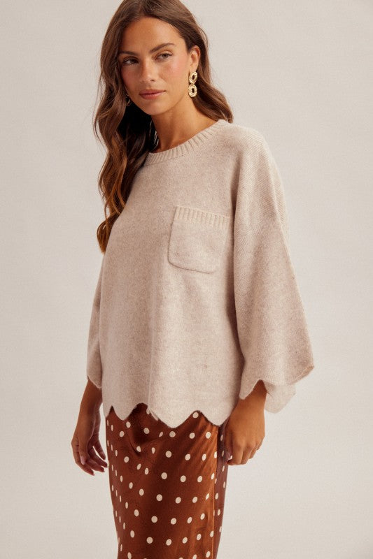 SCALLOPED EDGE KNIT SWEATER - OATMEAL