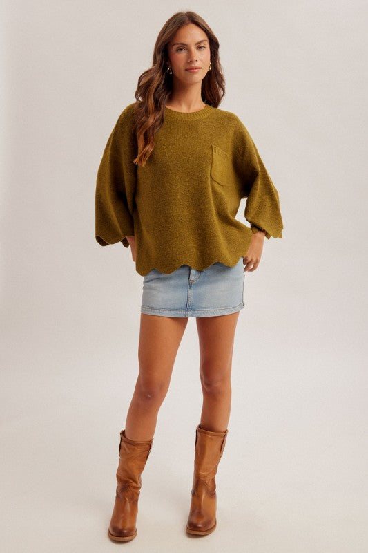 SCALLOPED EDGE KNIT SWEATER - OLIVE