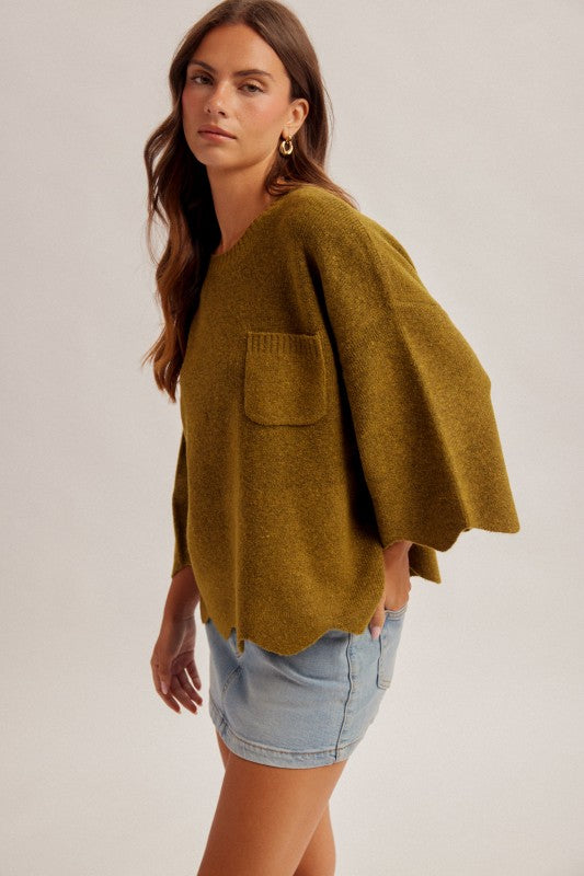 SCALLOPED EDGE KNIT SWEATER - OLIVE