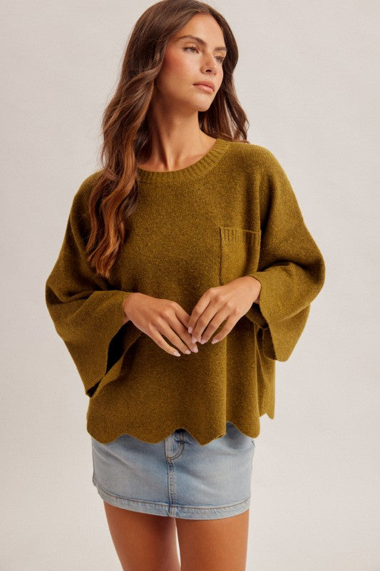 SCALLOPED EDGE KNIT SWEATER - OLIVE