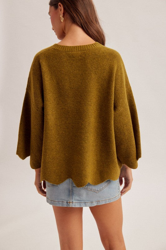 SCALLOPED EDGE KNIT SWEATER - OLIVE