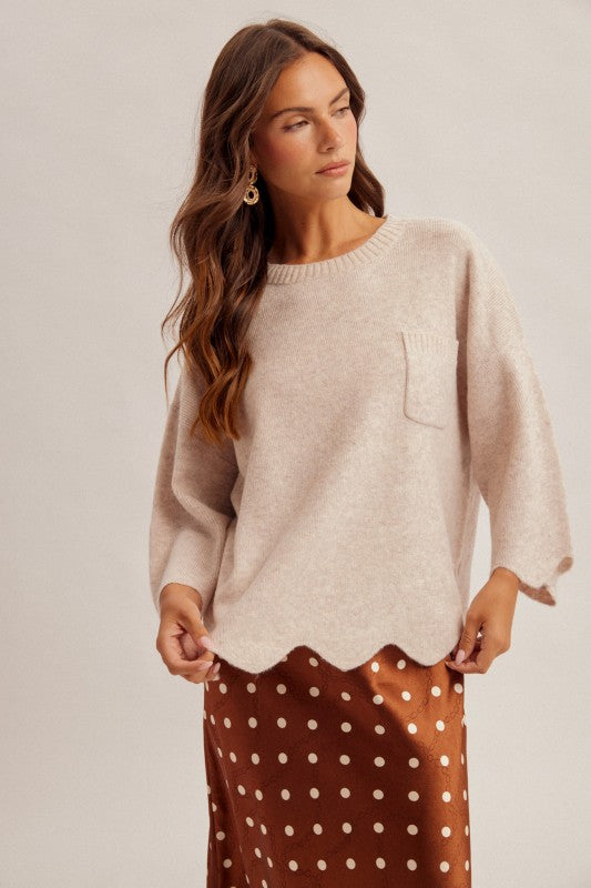 SCALLOPED EDGE KNIT SWEATER - OATMEAL