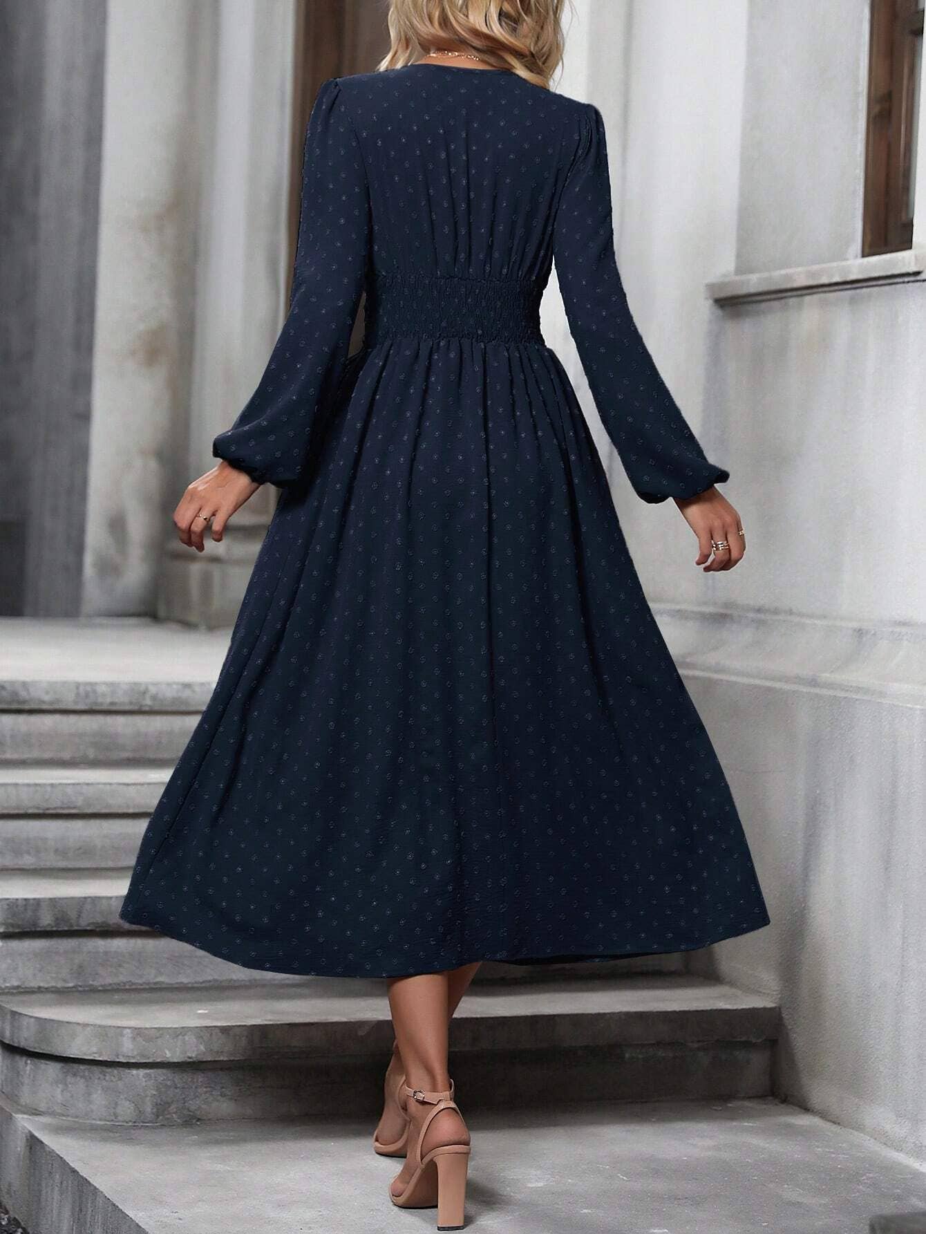 V Neck Lantern Sleeve Pleated High Waist Smocked Dress