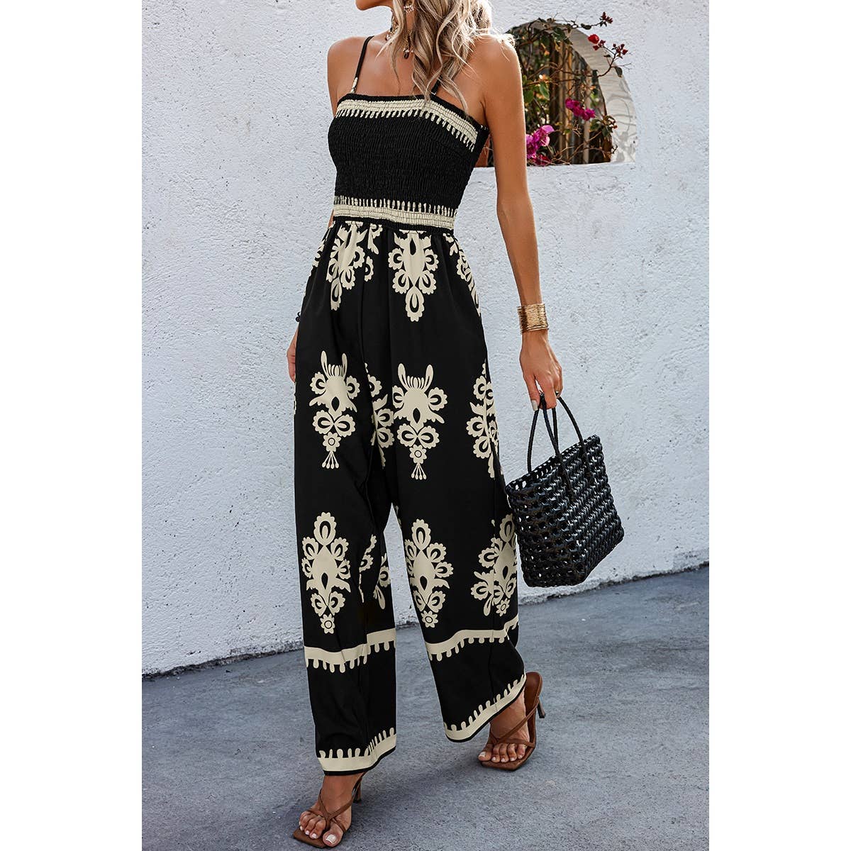 Off Shoulder Ruched Printed High Waist Jumpsuit