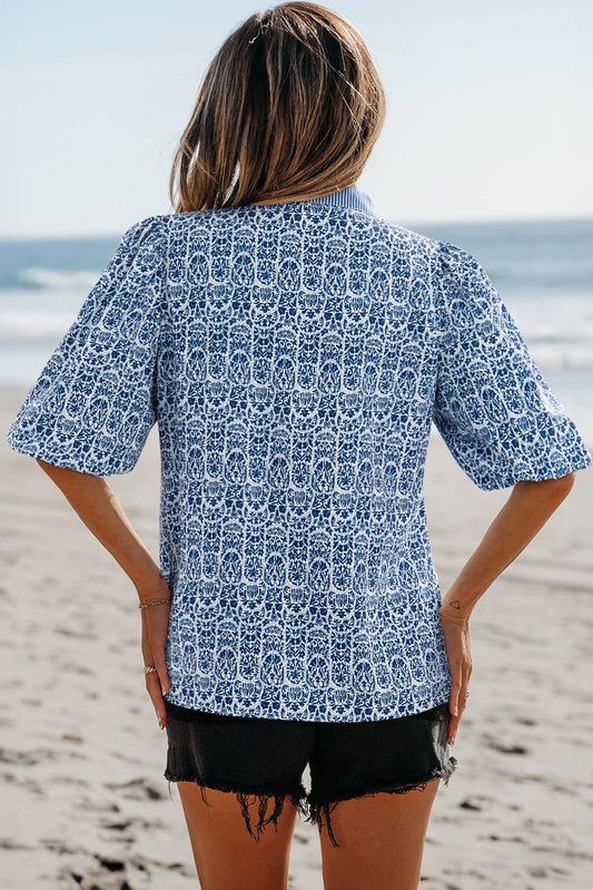Floral Striped Print Contrast Ric-rac Puff Sleeve Top