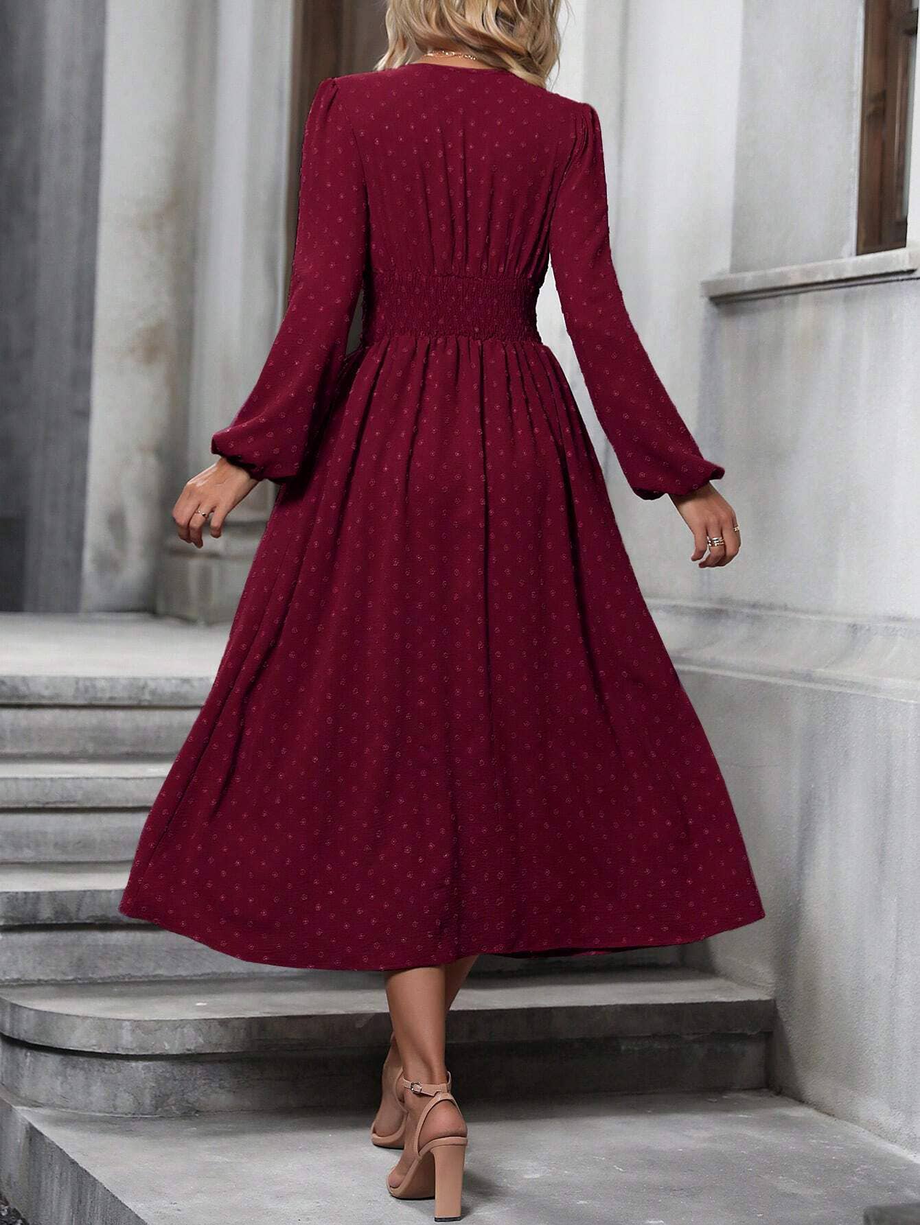 V Neck Lantern Sleeve Pleated High Waist Smocked Dress