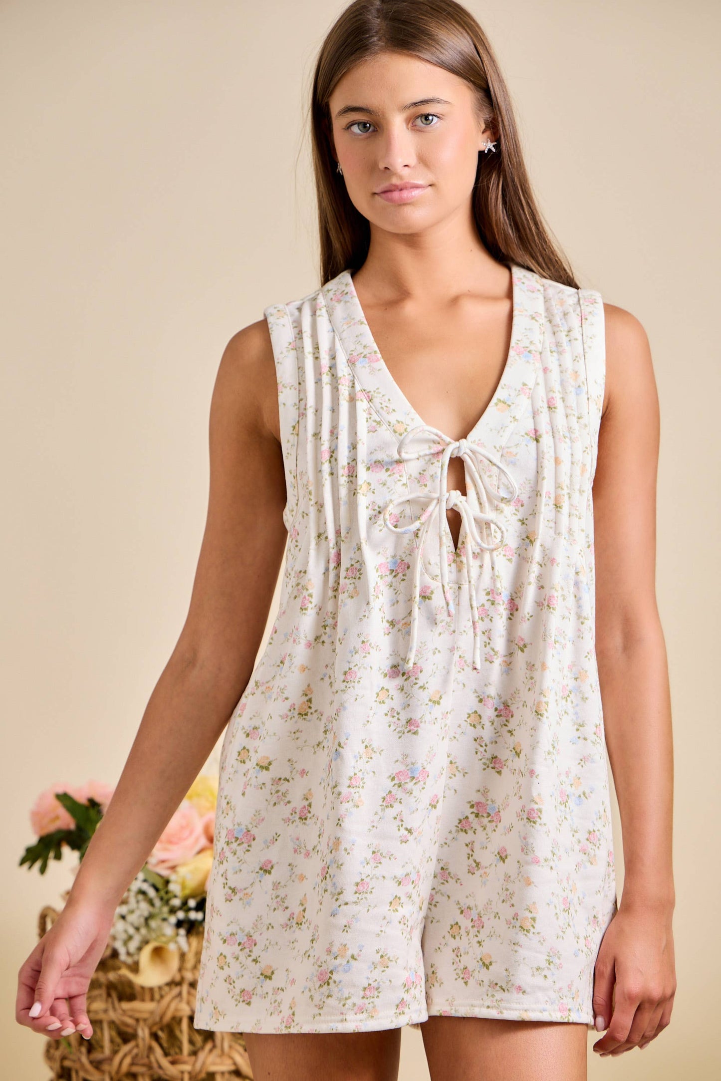 Ivory Floral Tie Front Sleeveless Romper