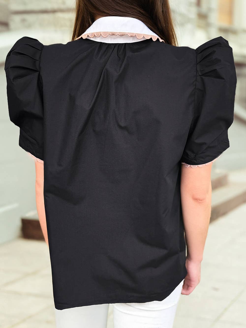 Trim Color Block Patchwork Shirt Collar Short Sleeve Blouse