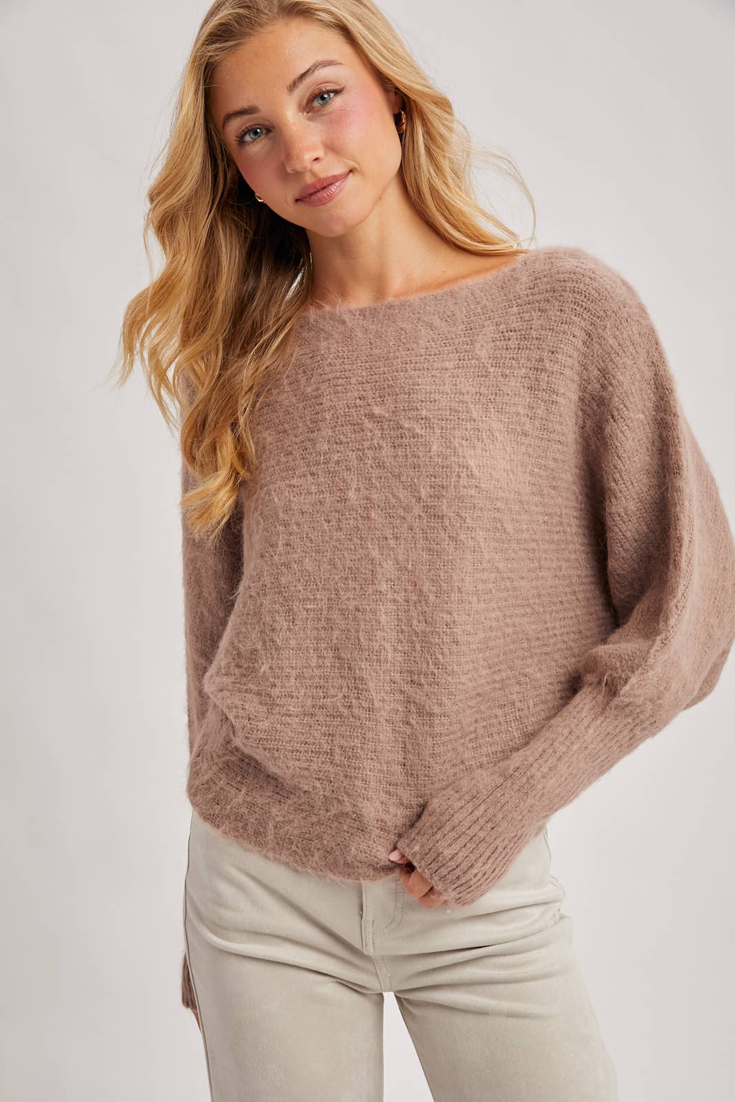 BOAT NECK BRUSHED FUZZY KNIT SWEATER