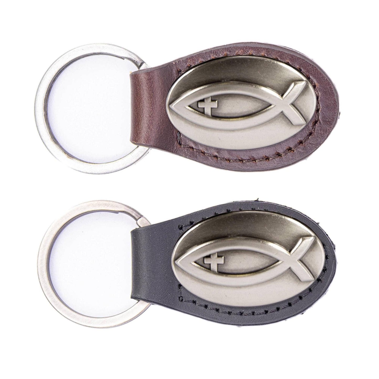Jesus Fish Oval Leather Keychain
