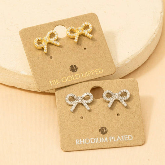 Gold Dipped Cz Pave Ribbon Bow Stud Earrings