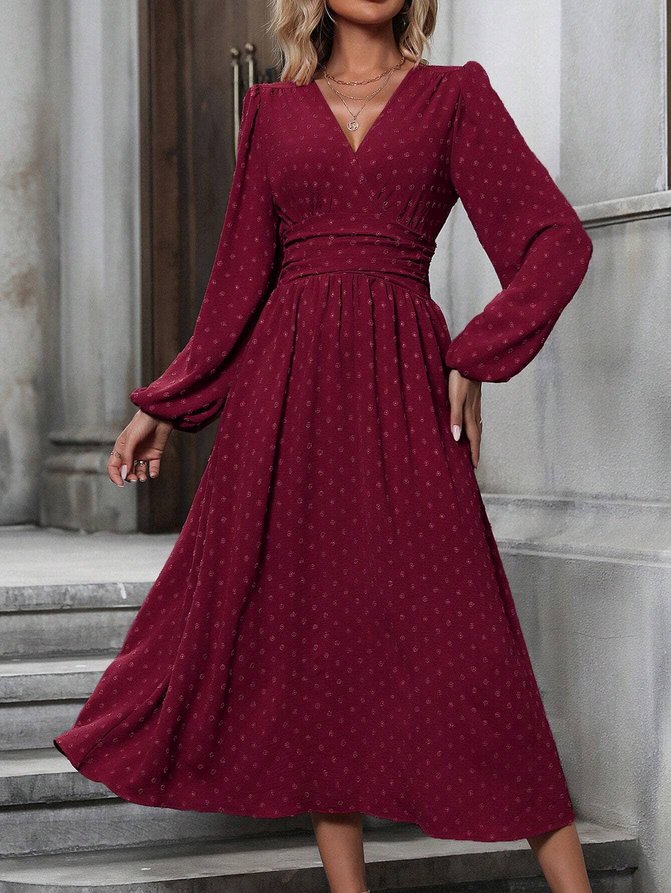 V Neck Lantern Sleeve Pleated High Waist Smocked Dress