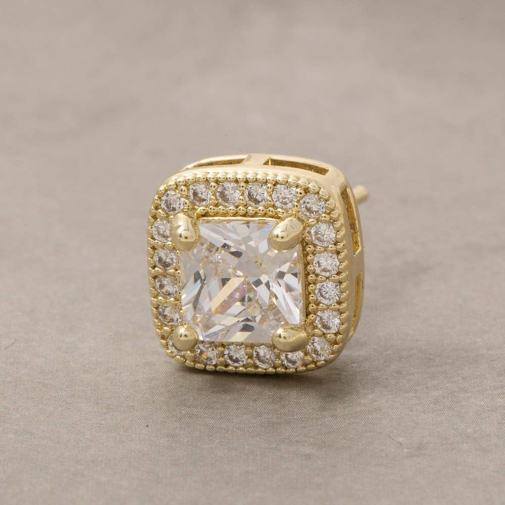 Gold Dipped Square Halo Cz Stud Earrings