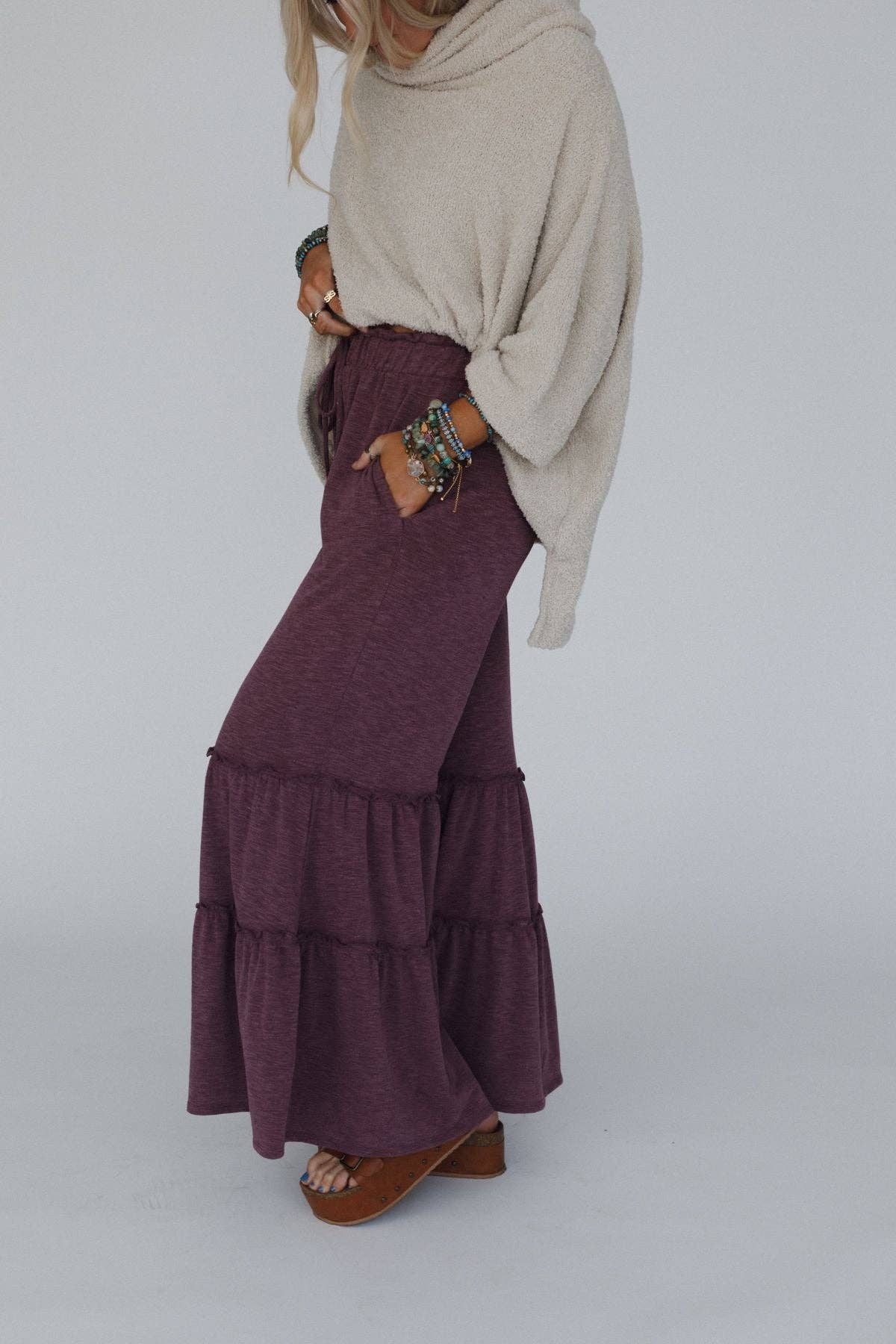 Three Bird Nest - Milla Ruffled Wide Leg Pants - Burgundy