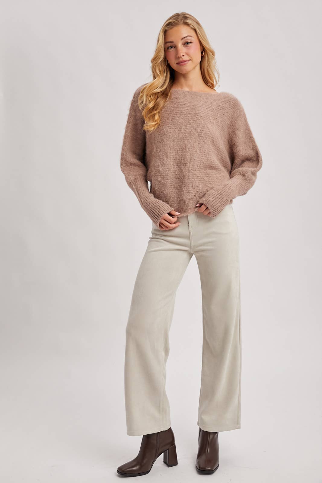 BOAT NECK BRUSHED FUZZY KNIT SWEATER