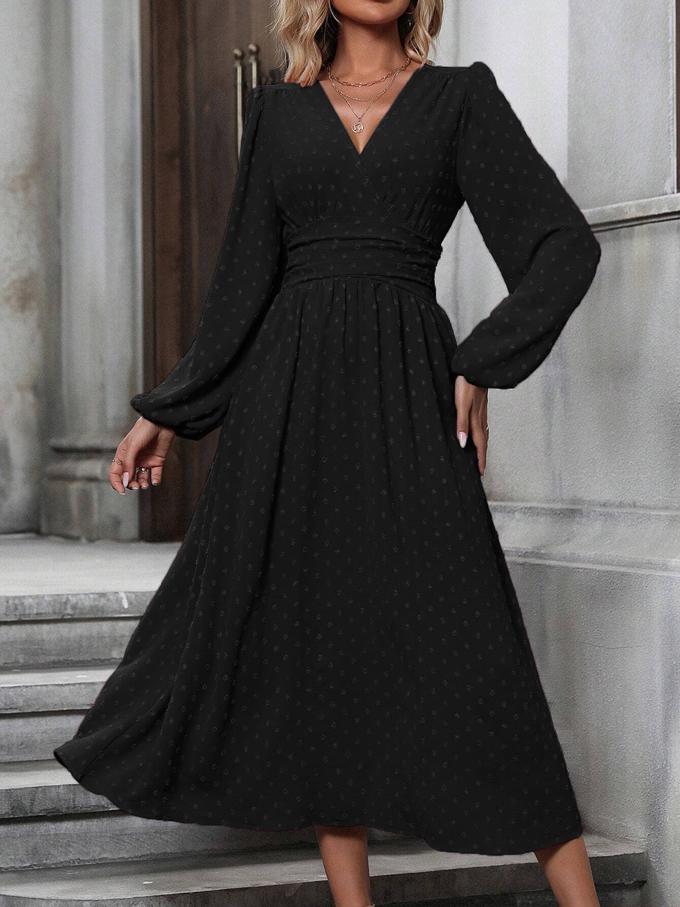 V Neck Lantern Sleeve Pleated High Waist Smocked Dress