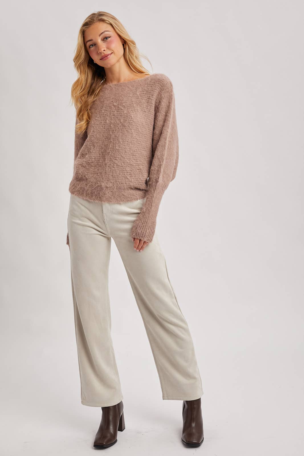 BOAT NECK BRUSHED FUZZY KNIT SWEATER