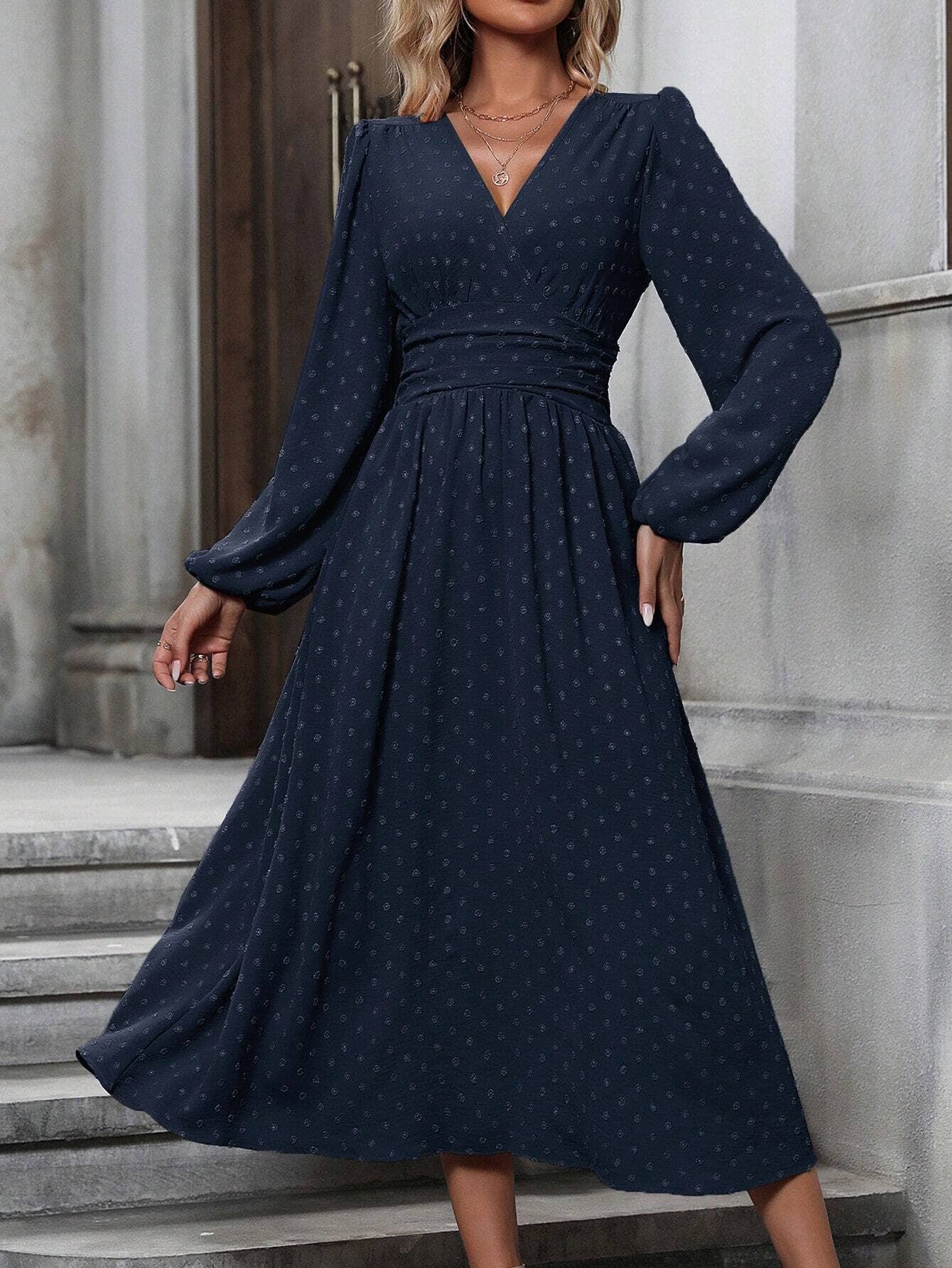 V Neck Lantern Sleeve Pleated High Waist Smocked Dress