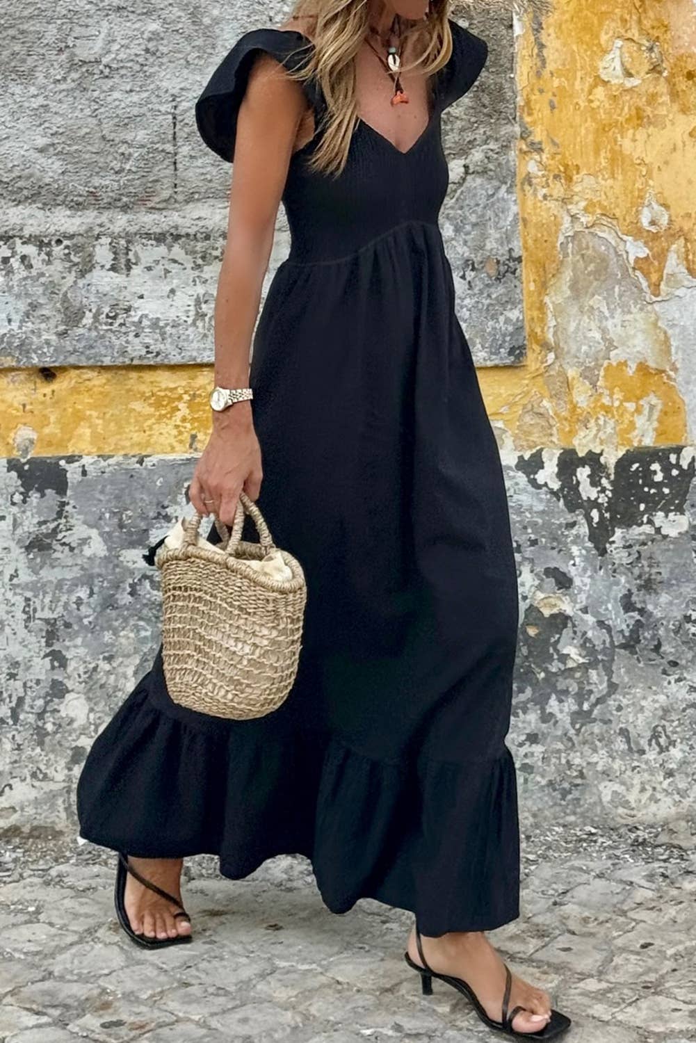 V Neck Flutter Sleeve Smocked Bodice Ruffle Maxi Dress